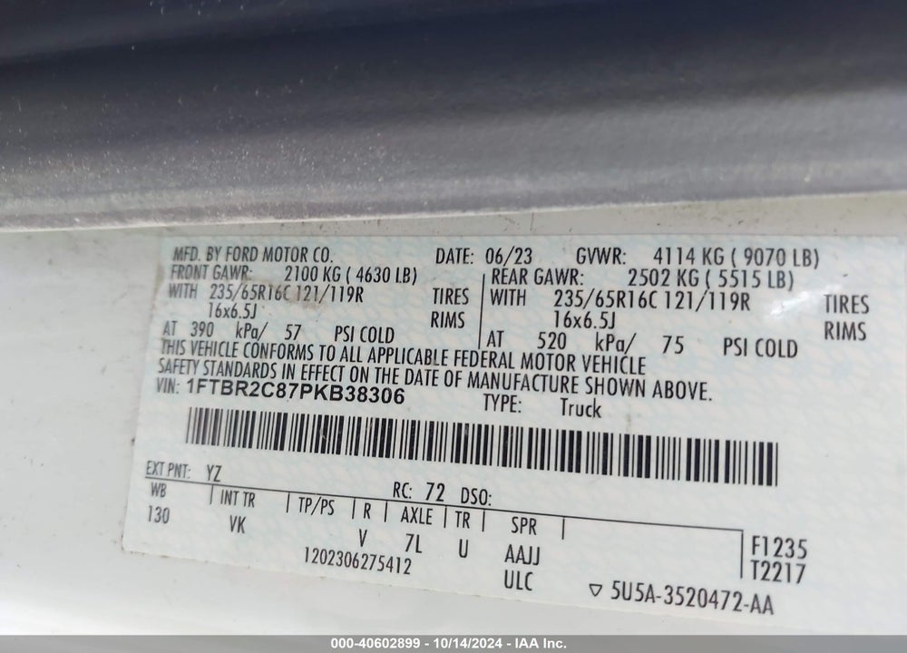 2023 FORD TRANSIT-250 CARGO VAN VIN: 1FTBR2C87PKB38306