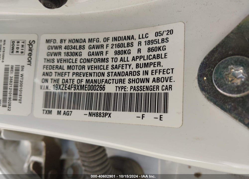 2021 HONDA INSIGHT TOURING VIN: 19XZE4F9XME000266