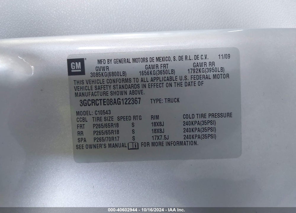 2010 CHEVROLET SILVERADO 1500 LTZ VIN: 3GCRCTE08AG122367