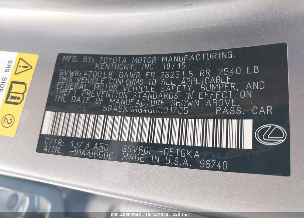 2016 LEXUS ES 350 VIN: 58ABK1GG4GU001705
