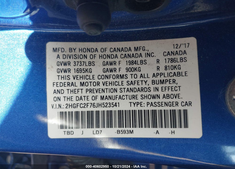2018 HONDA CIVIC EX VIN: 2HGFC2F76JH523541