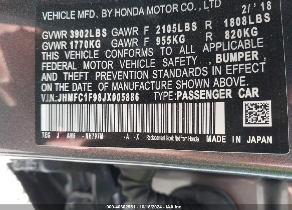 2018 HONDA CIVIC TOURING VIN: JHMFC1F98JX005886