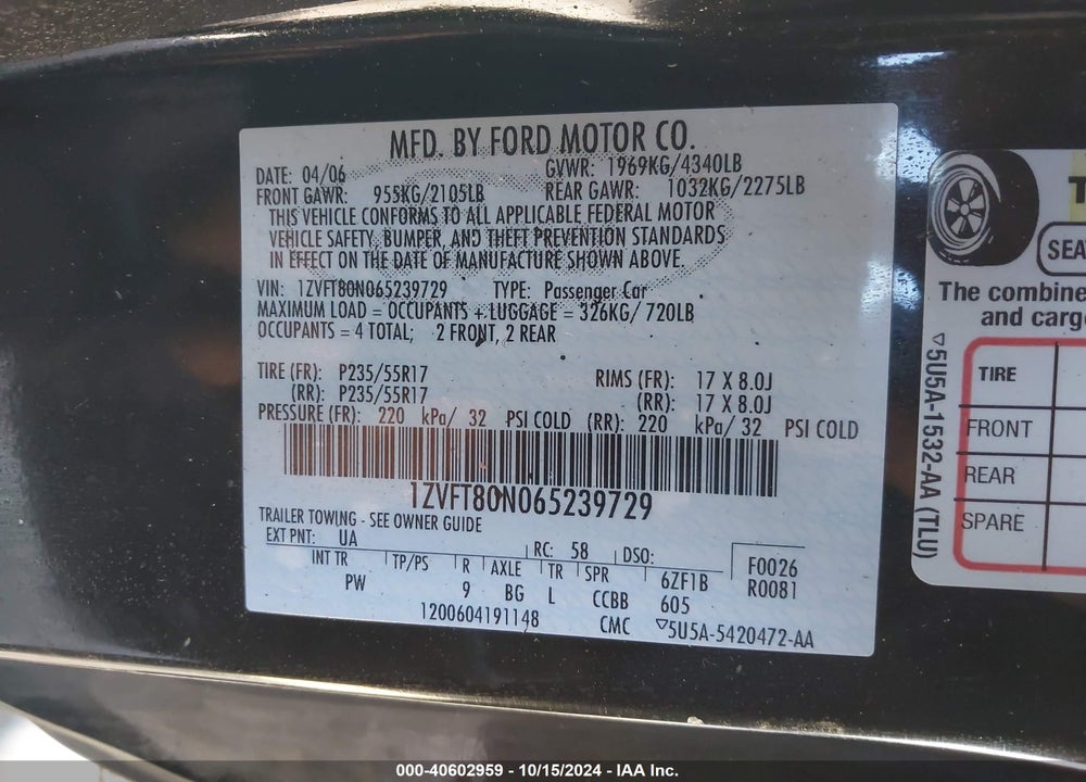 2006 FORD MUSTANG V6 VIN: 1ZVFT80N065239729