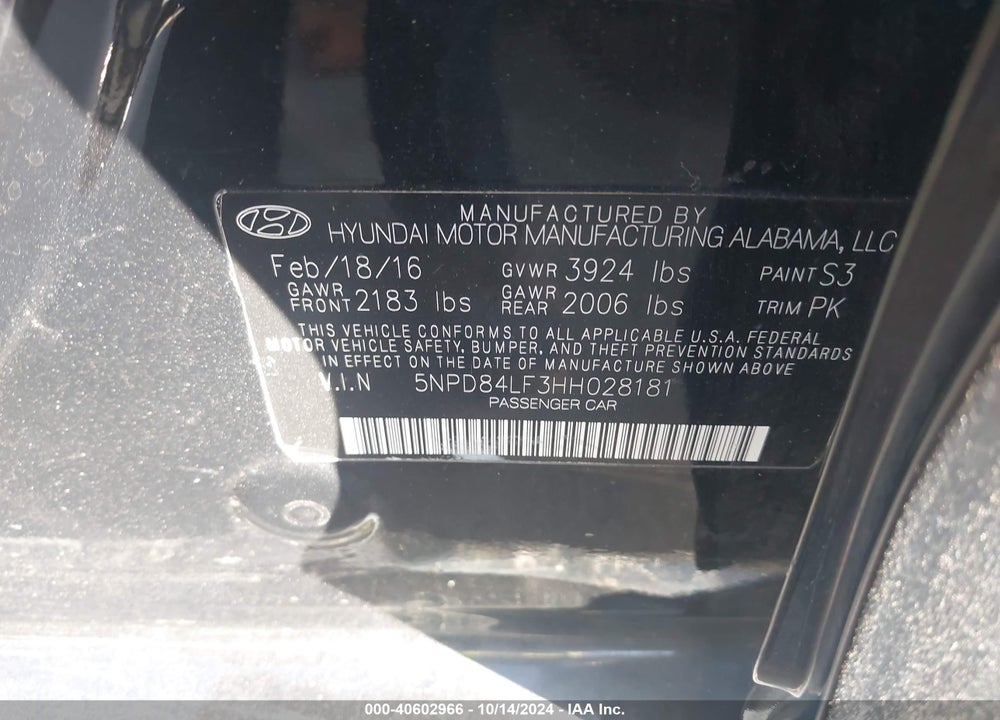 2017 HYUNDAI ELANTRA SE VIN: 5NPD84LF3HH028181