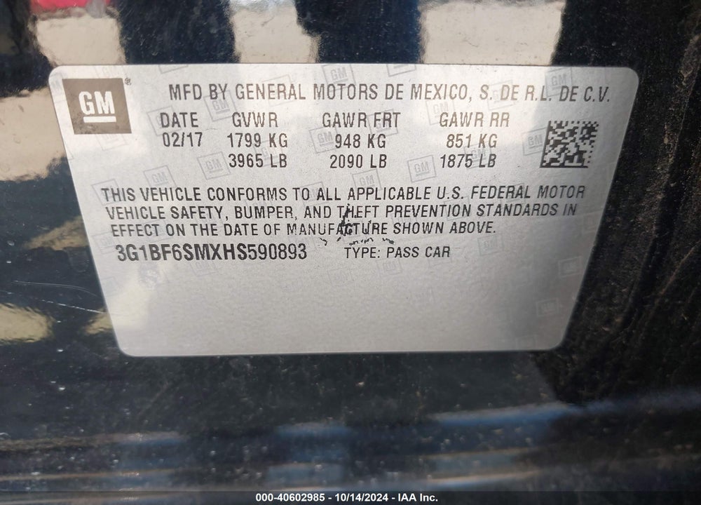 2017 CHEVROLET CRUZE PREMIER AUTO VIN: 3G1BF6SMXHS590893