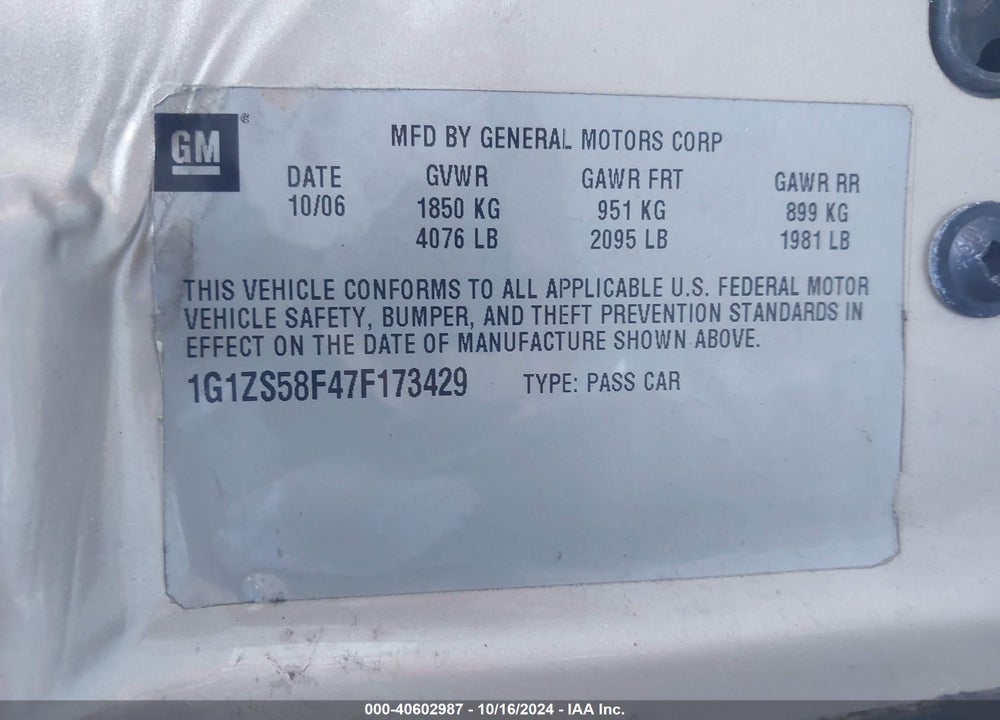 2007 CHEVROLET MALIBU VIN: 1G1ZS58F47F173429