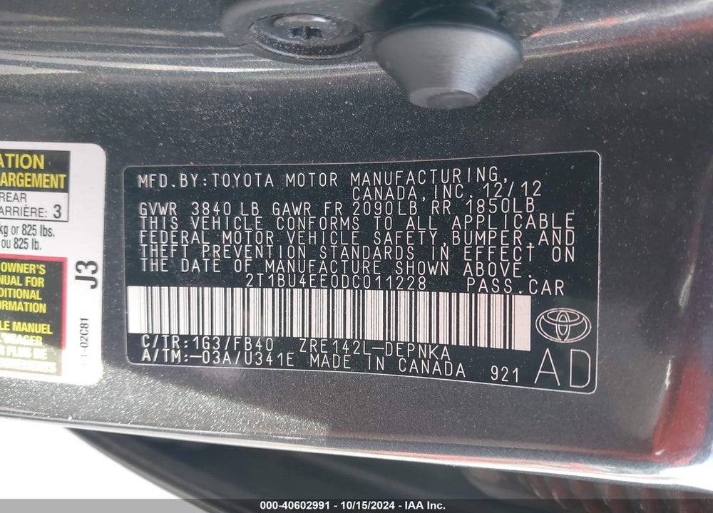 2013 TOYOTA COROLLA LE VIN: 2T1BU4EE0DC011228