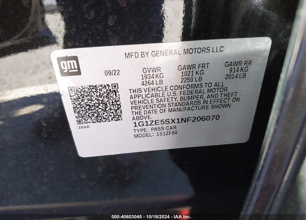 2022 CHEVROLET MALIBU FWD PREMIER VIN: 1G1ZE5SX1NF206070