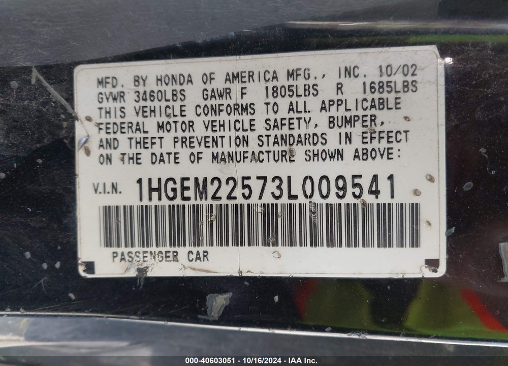 2003 HONDA CIVIC LX VIN: 1HGEM22573L009541