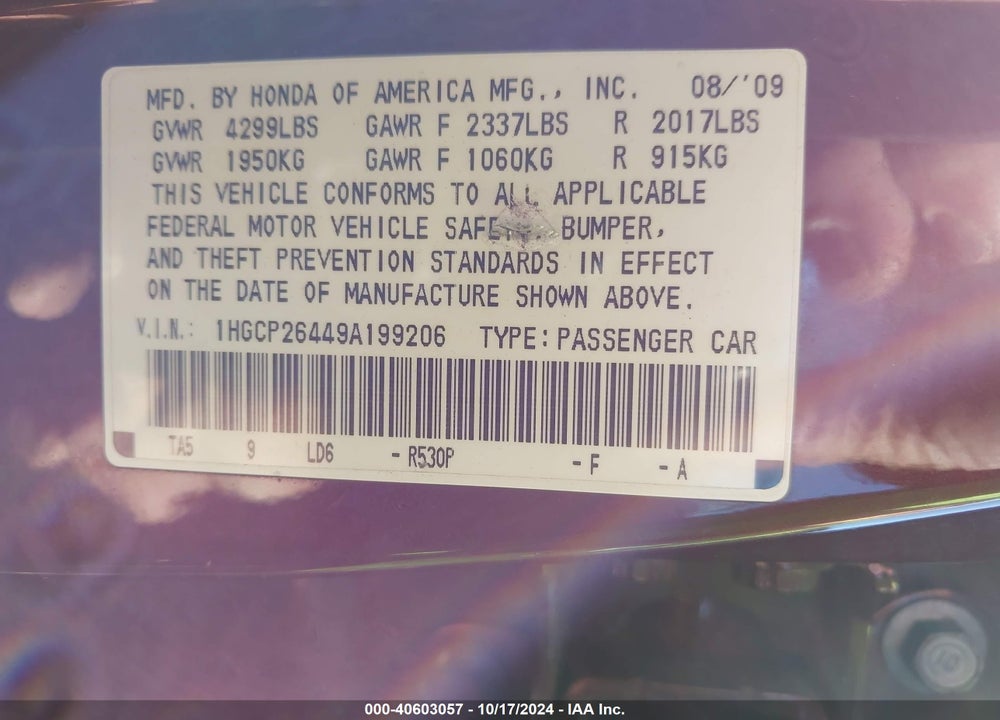 2009 HONDA ACCORD 2.4 LX-P VIN: 1HGCP26449A199206