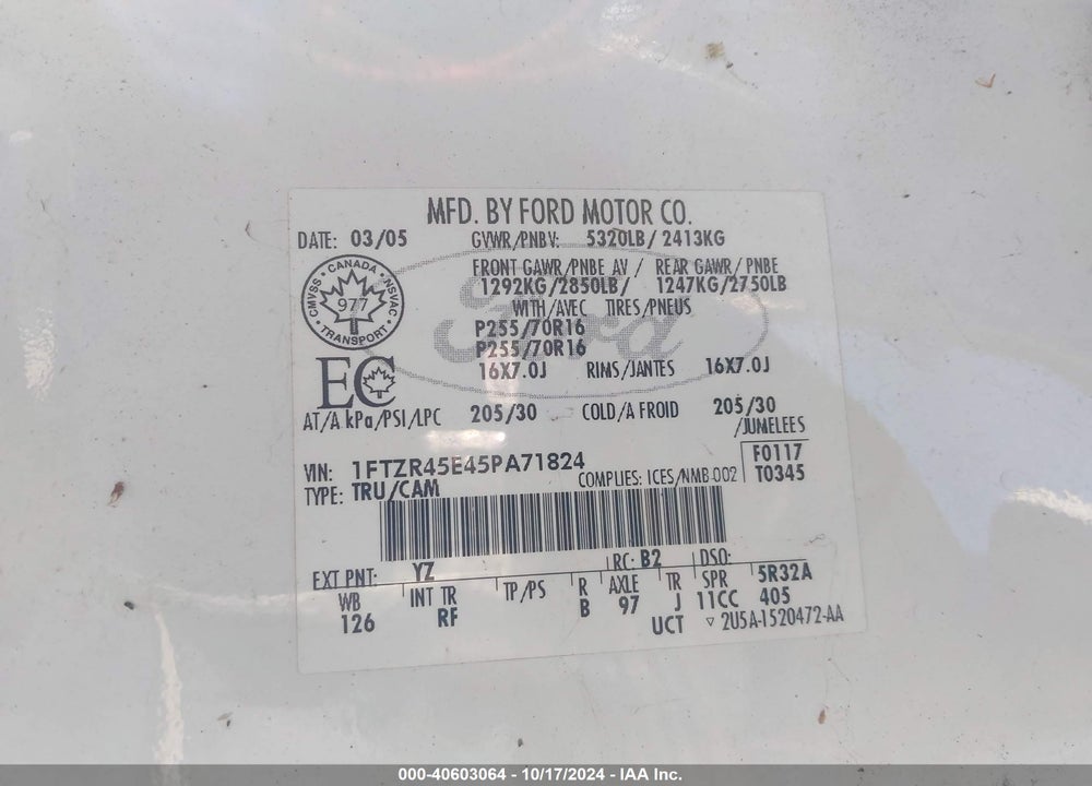 2005 FORD RANGER EDGE/FX4 LEVEL II/FX4 OFF-ROAD/XLT VIN: 1FTZR45E45PA71824