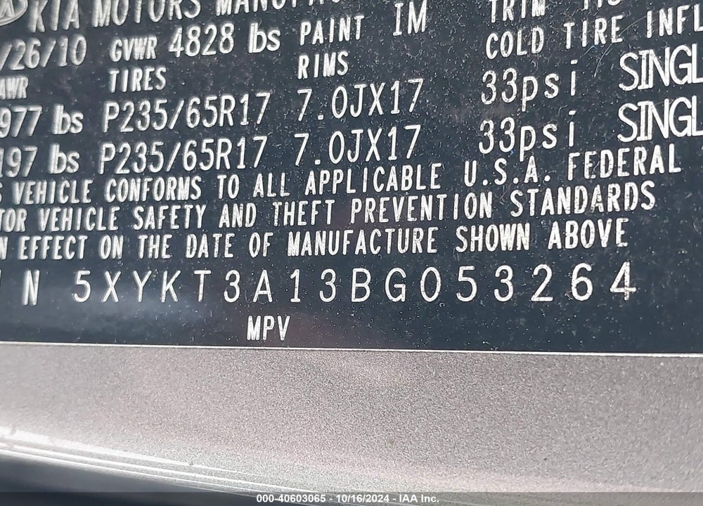 2011 KIA SORENTO LX VIN: 5XYKT3A13BG053264