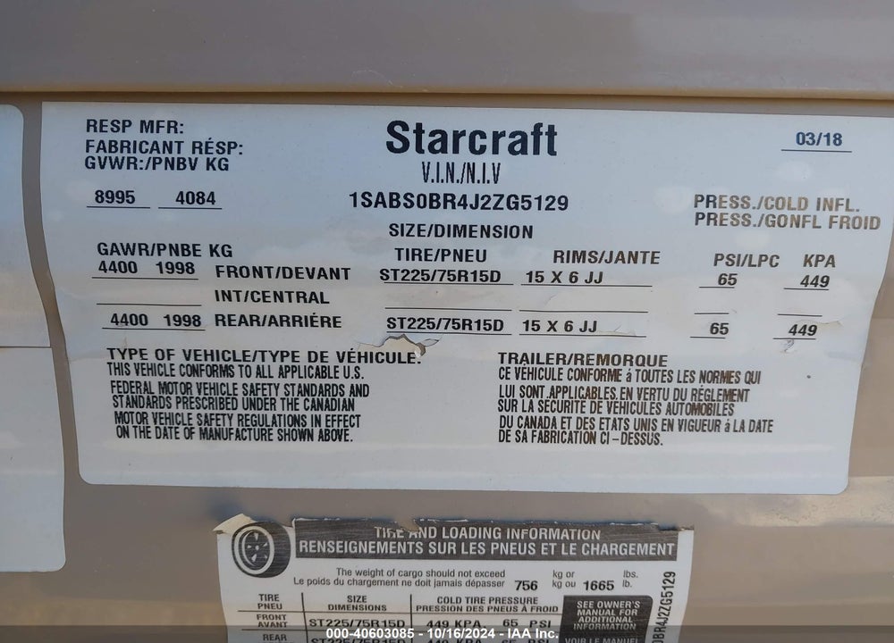 2018 STARCRAFT AUTUMN RIDGE 27RLI VIN: 1SABS0BR4J2ZG5129