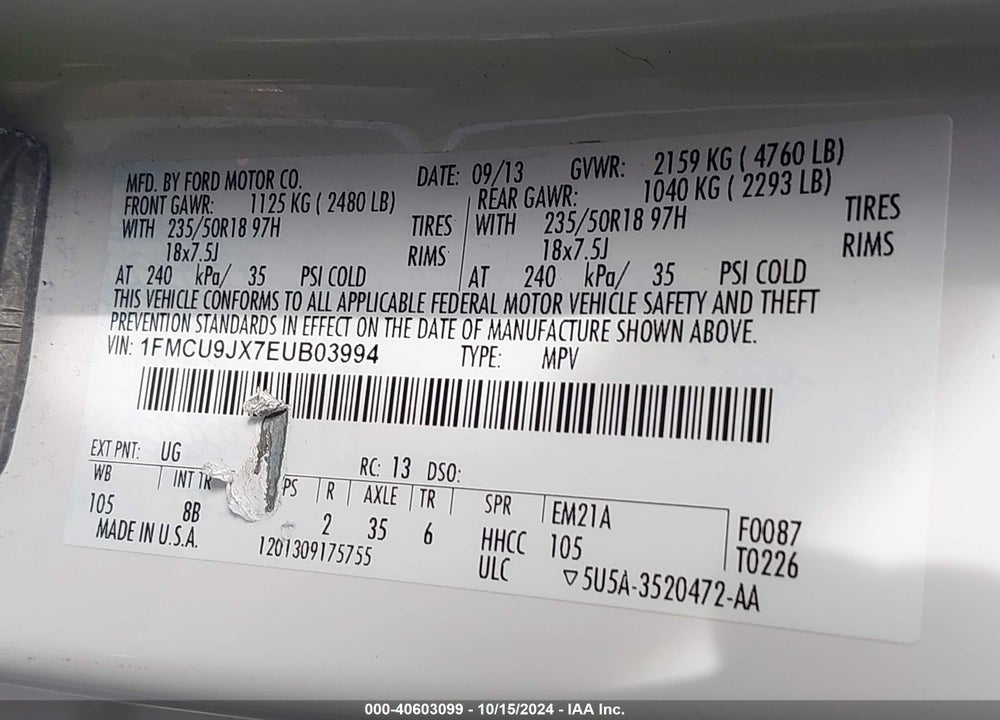 2014 FORD ESCAPE TITANIUM VIN: 1FMCU9JX7EUB03994