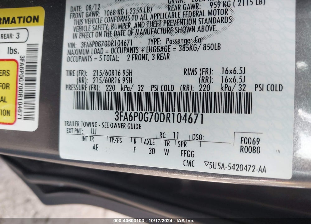2013 FORD FUSION S VIN: 3FA6P0G70DR104671