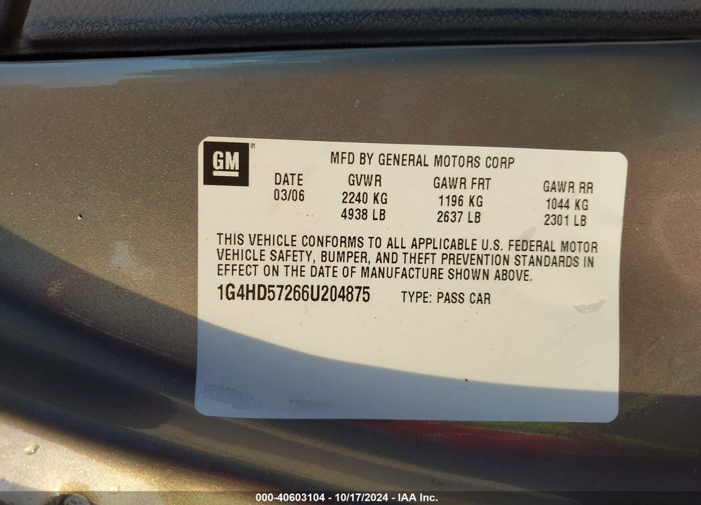 2006 BUICK LUCERNE CXL VIN: 1G4HD57266U204875