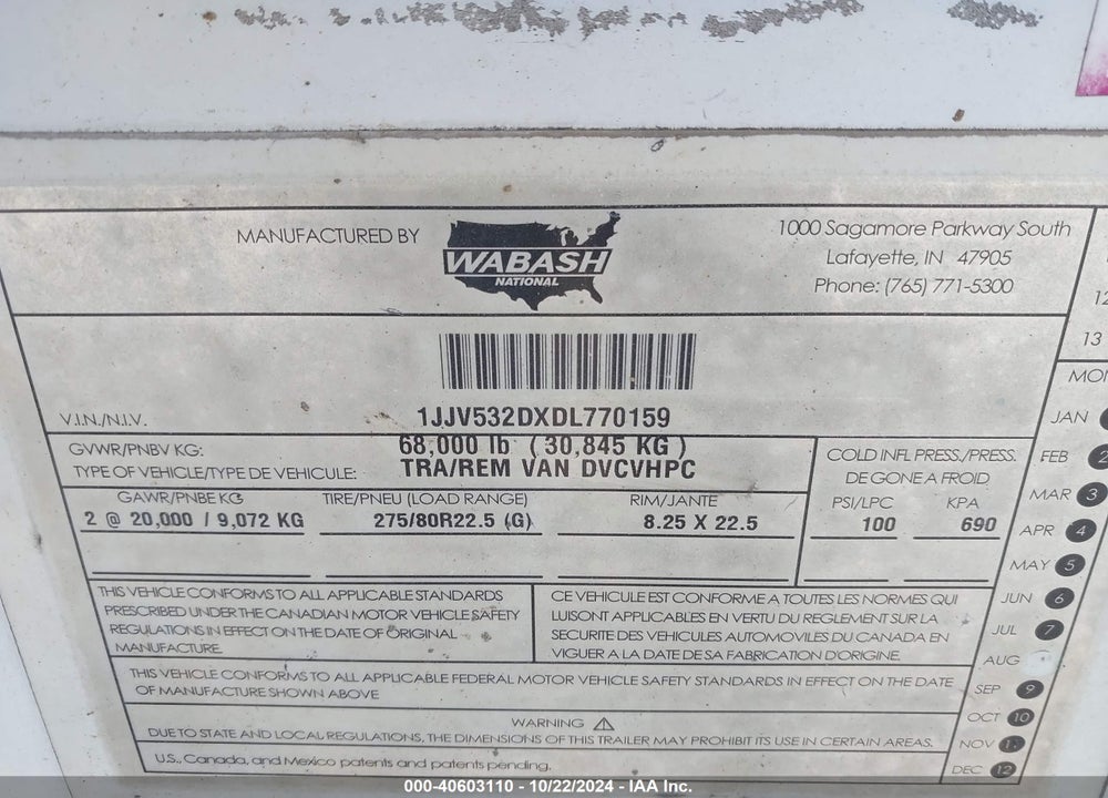 2013 WABASH NATIONAL CORP 53' SEMI TRAILER VIN: 1JJV532DXDL770159