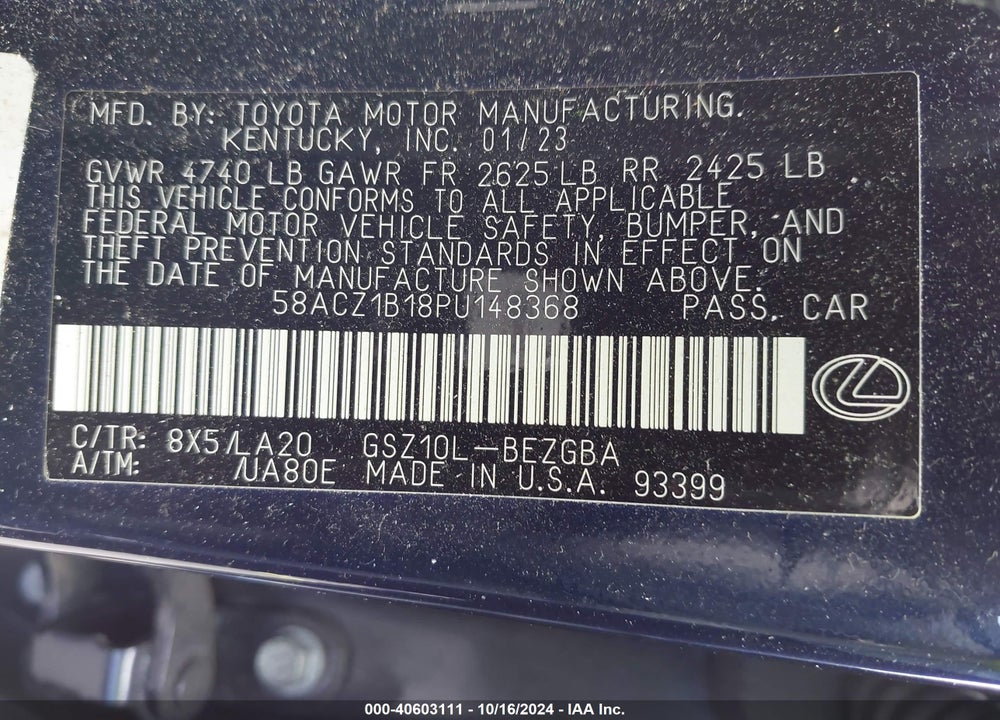 2023 LEXUS ES 350 VIN: 58ACZ1B18PU148368