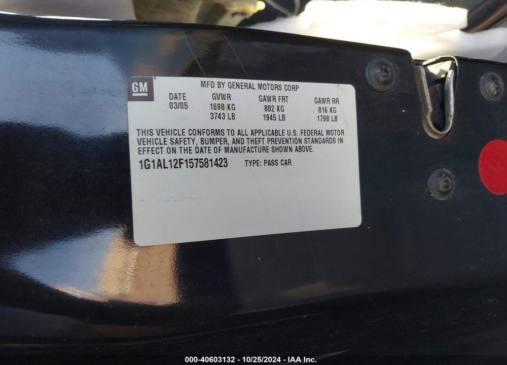 2005 CHEVROLET COBALT LS VIN: 1G1AL12F157581423