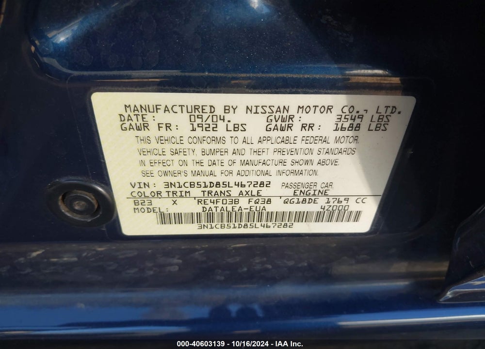 2005 NISSAN SENTRA 1.8S VIN: 3N1CB51D85L467282