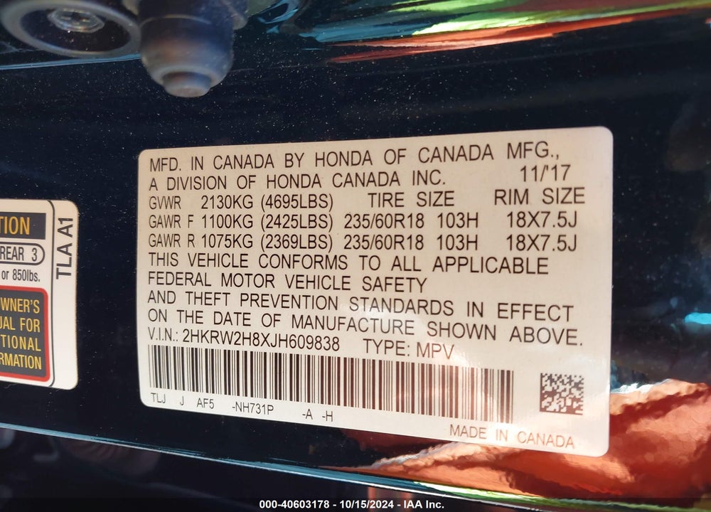 2018 HONDA CR-V EX-L/EX-L NAVI VIN: 2HKRW2H8XJH609838
