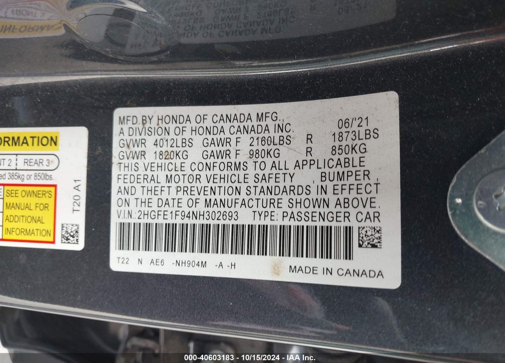 2022 HONDA CIVIC TOURING VIN: 2HGFE1F94NH302693