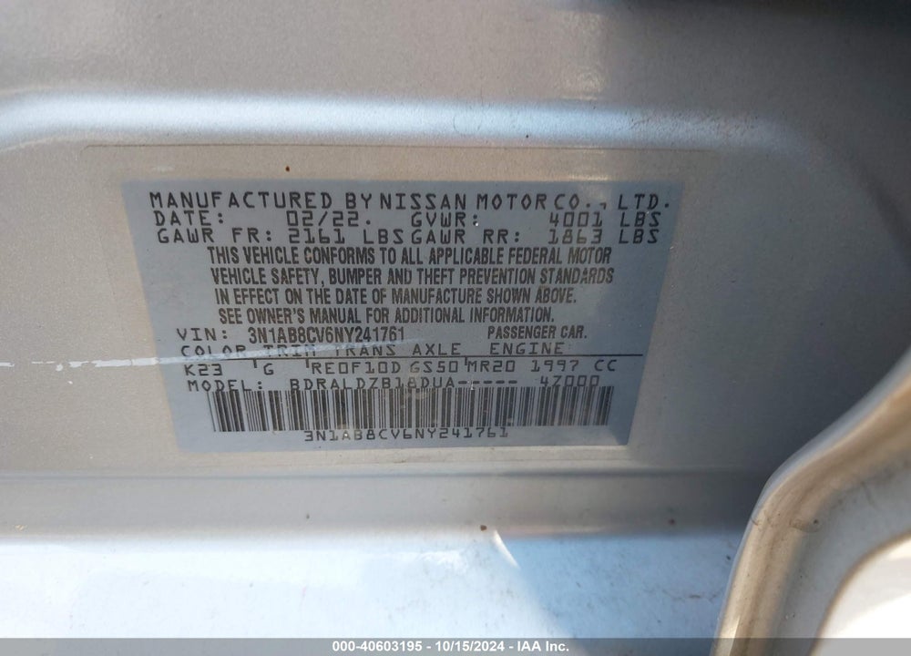 2022 NISSAN SENTRA SV XTRONIC CVT VIN: 3N1AB8CV6NY241761