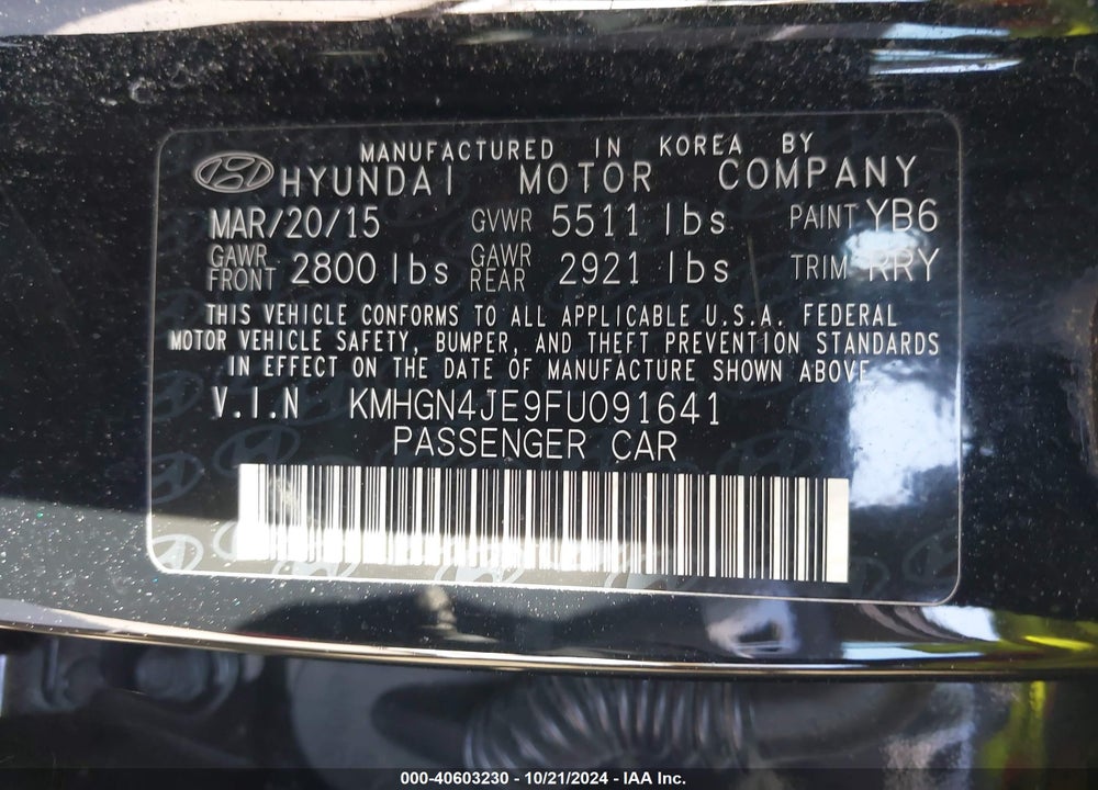 2015 HYUNDAI GENESIS 3.8 VIN: KMHGN4JE9FU091641