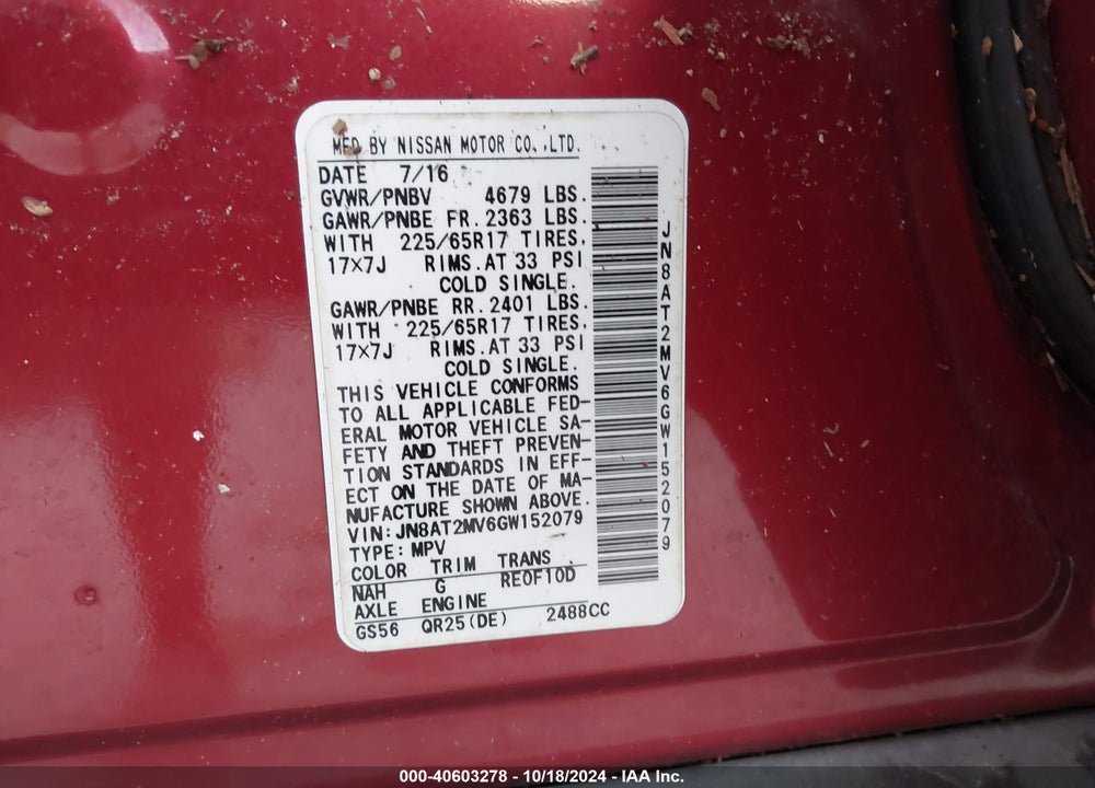 2016 NISSAN ROGUE S/SL/SV VIN: JN8AT2MV6GW152079