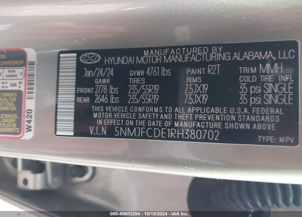 2024 HYUNDAI TUCSON SEL VIN: 5NMJFCDE1RH380702