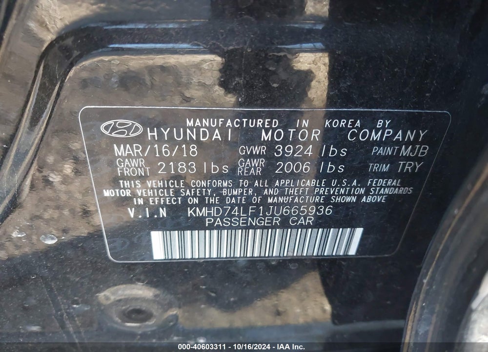 2018 HYUNDAI ELANTRA SE VIN: KMHD74LF1JU665936