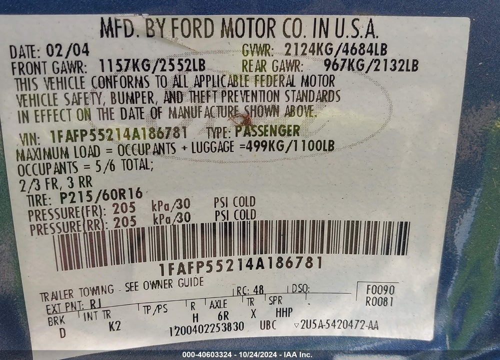 2004 FORD TAURUS SES VIN: 1FAFP55214A186781