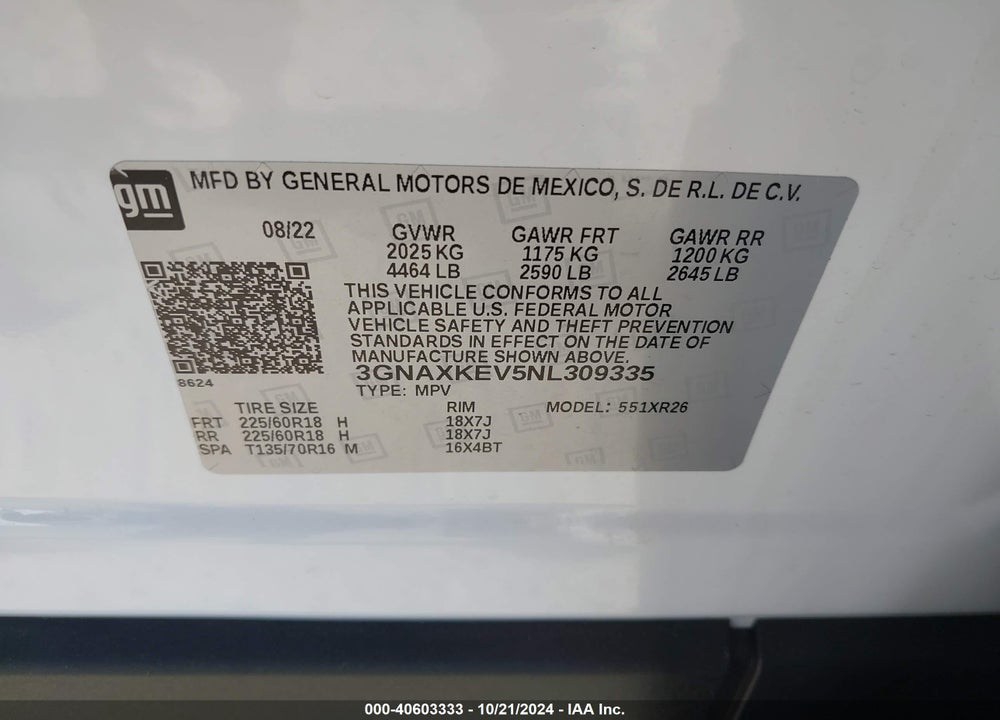 2022 CHEVROLET EQUINOX FWD LT VIN: 3GNAXKEV5NL309335