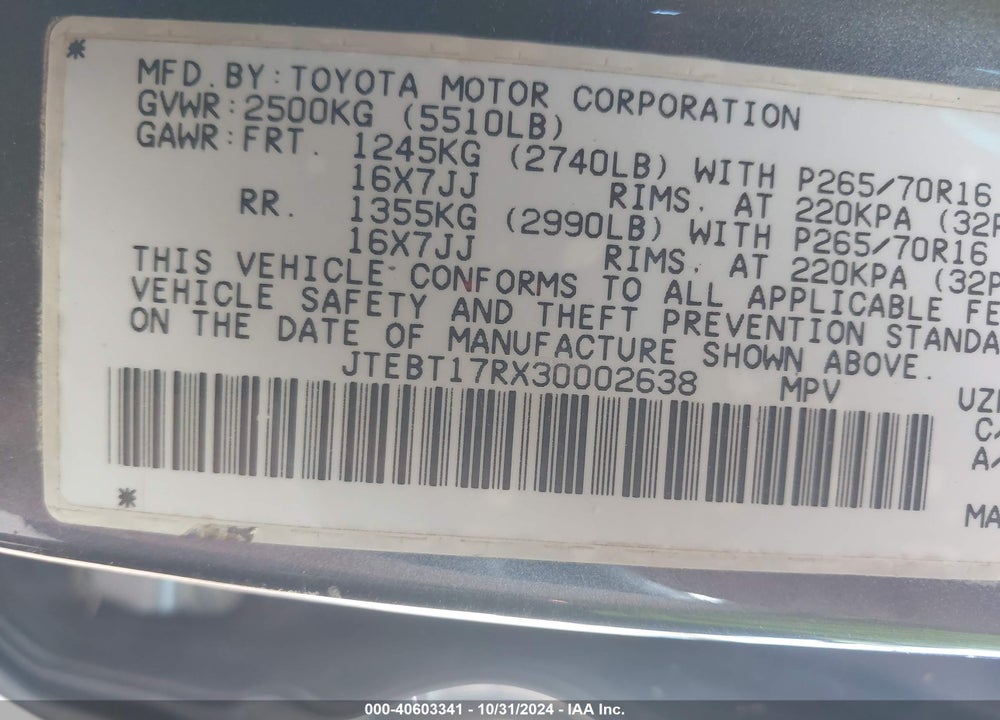 2003 TOYOTA 4RUNNER LIMITED V8 VIN: JTEBT17RX30002638