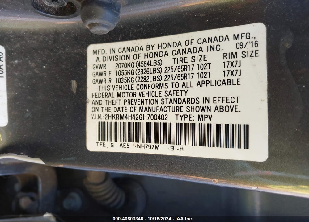 2016 HONDA CR-V SE VIN: 2HKRM4H42GH700402