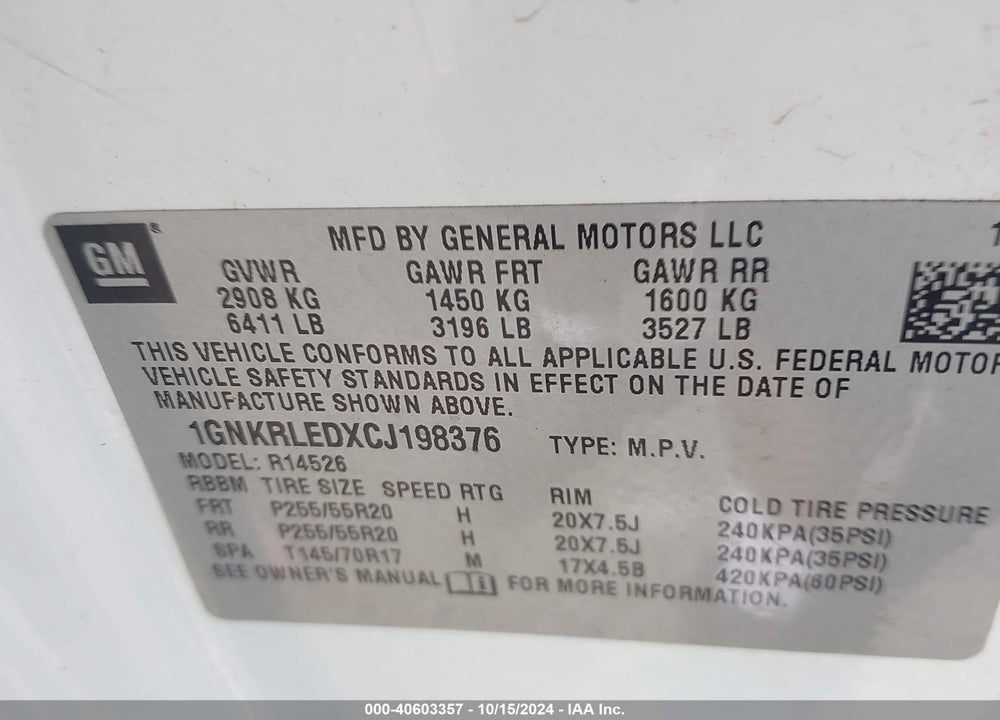 2012 CHEVROLET TRAVERSE LTZ VIN: 1GNKRLEDXCJ198376
