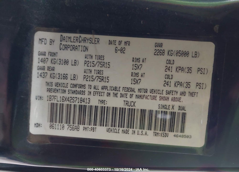 2002 DODGE DAKOTA VIN: 1B7FL16X42S718413