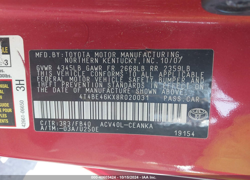 2008 TOYOTA CAMRY LE VIN: 4T4BE46KX8R020031