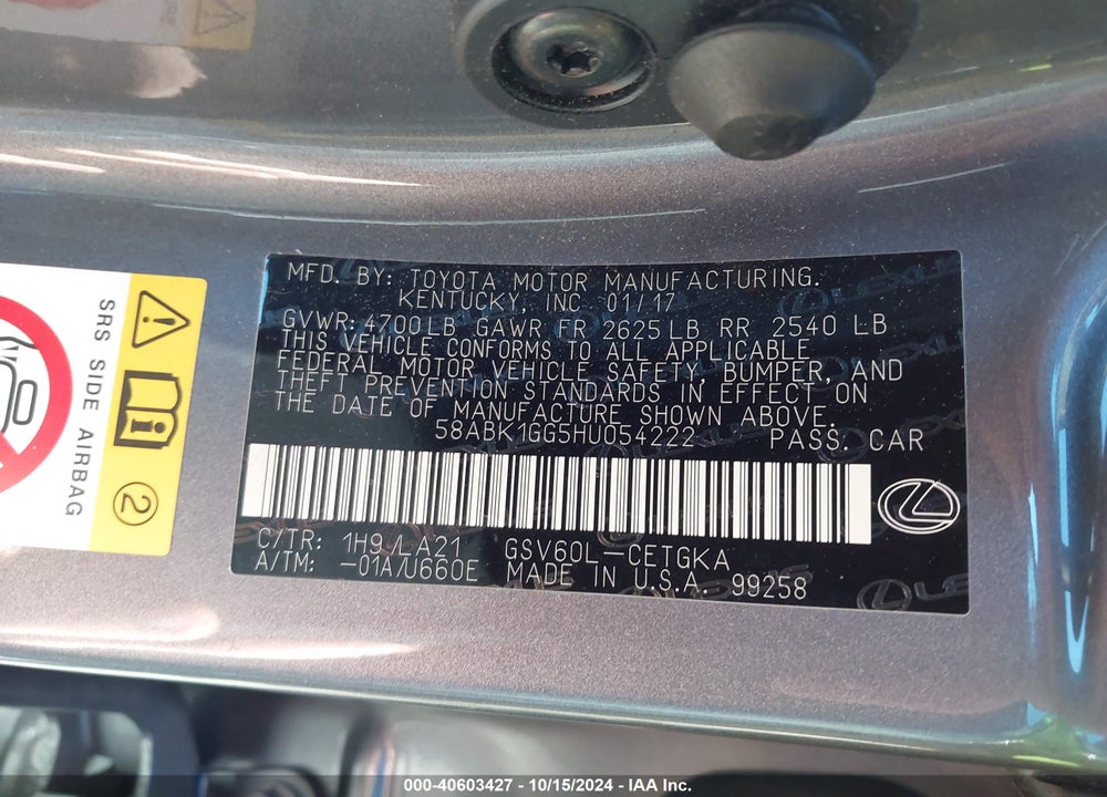 2017 LEXUS ES 350 VIN: 58ABK1GG5HU054222