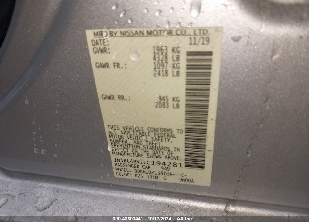 2020 NISSAN ALTIMA S FWD VIN: 1N4BL4BV2LC194281