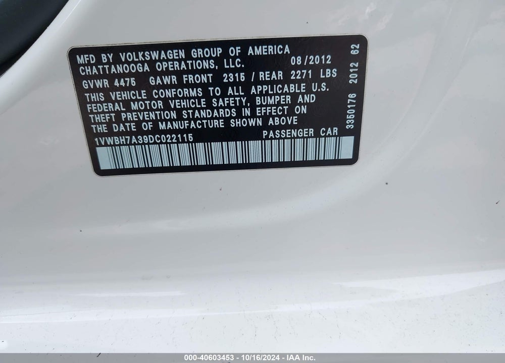 2013 VOLKSWAGEN PASSAT 2.5L SE VIN: 1VWBH7A39DC022115