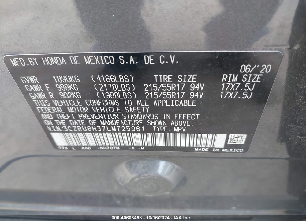 2020 HONDA HR-V AWD LX VIN: 3CZRU6H37LM725961