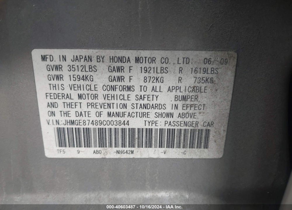 2009 HONDA FIT SPORT VIN: JHMGE87489C003844