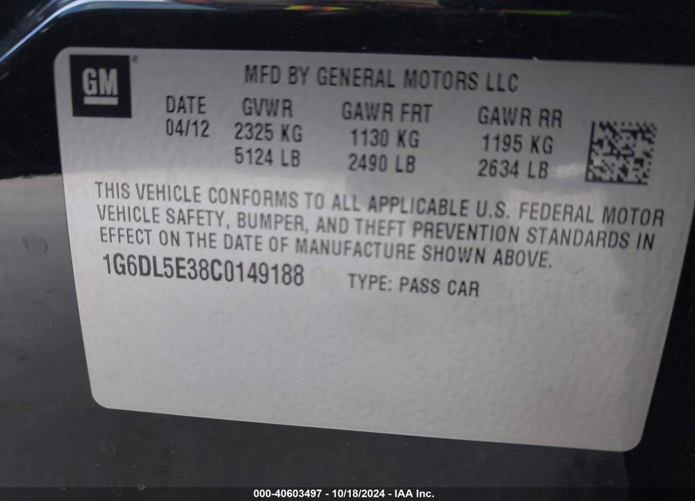 2012 CADILLAC CTS VIN: 1G6DL5E38C0149188