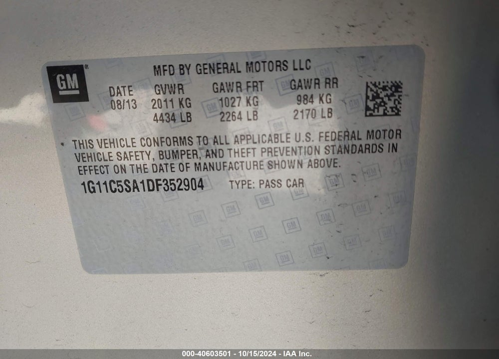 2013 CHEVROLET MALIBU 1LT VIN: 1G11C5SA1DF352904