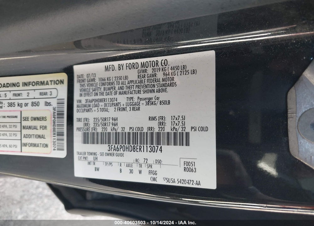 2014 FORD FUSION SE VIN: 3FA6P0HD8ER113074