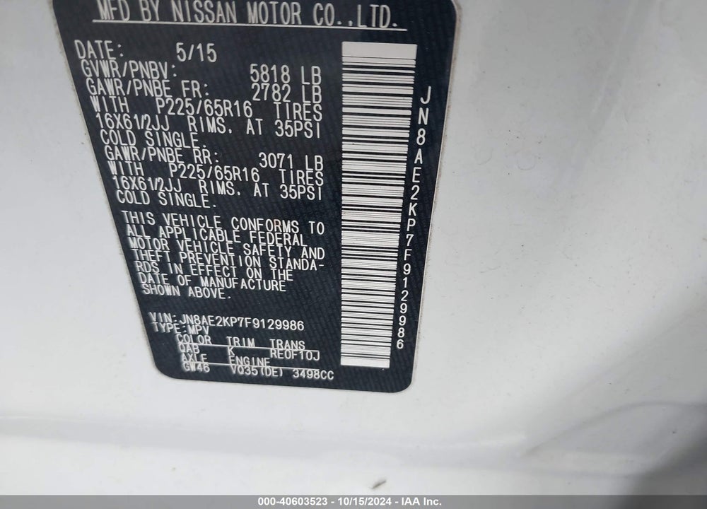 2015 NISSAN QUEST S VIN: JN8AE2KP7F9129986