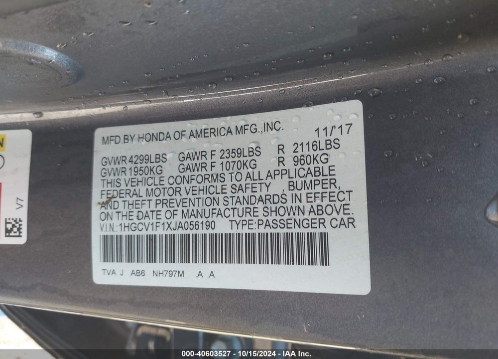 2018 HONDA ACCORD LX VIN: 1HGCV1F1XJA056190