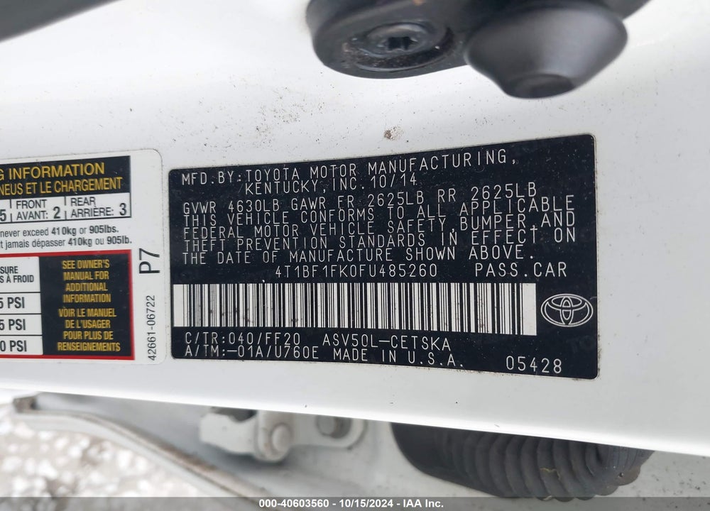 2015 TOYOTA CAMRY SE VIN: 4T1BF1FK0FU485260