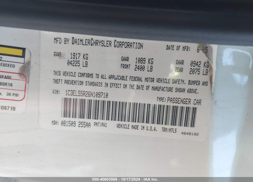 2006 CHRYSLER SEBRING TOURING VIN: 1C3EL55R26N109710